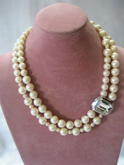 Vintage Signed Monet Double Strand Faux Pearl Large Rhinestone Necklace Necklace Rhinestone