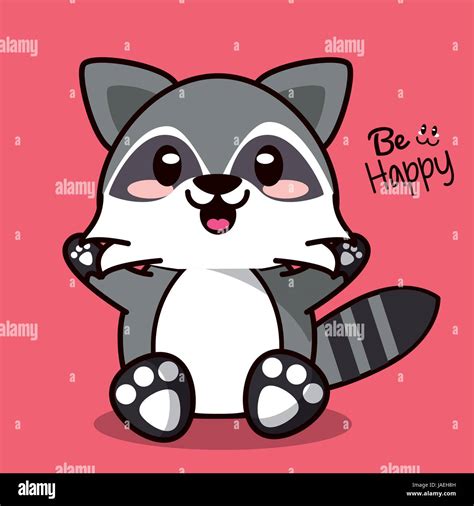 Color Background With Cute Kawaii Animal Raccoon Expression Happiness