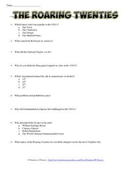 Roaring Twenties Reading Comprehension Worksheets