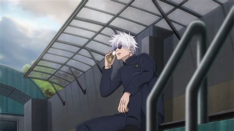 An Anime Character Sitting On Some Stairs Talking On A Cell Phone While