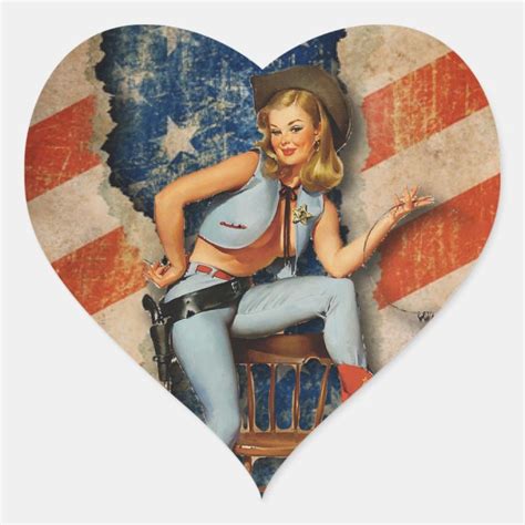 American Flag Patriotic Naughty Pinup Cowgirl Heart Sticker Zazzle