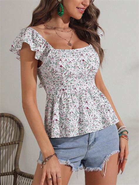 Shein Wywh Blusa Peplum Floral De Espalda Abierta Con Cord N De Manga