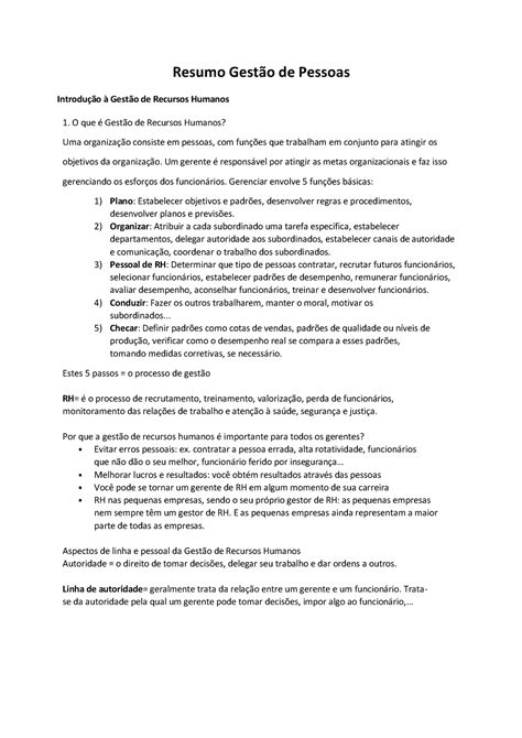 Resumo Sobre Gest O De Pessoas Resumo Gesto De Pessoas Introdu O