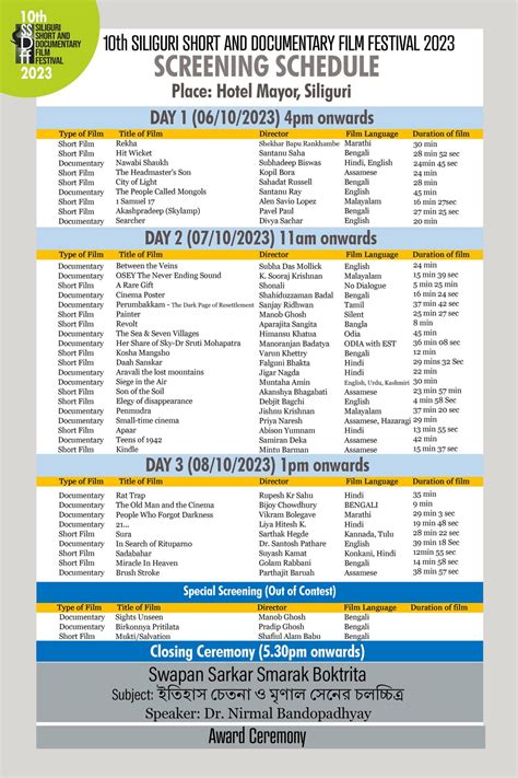 Screening Schedule Siliguri Cine Society