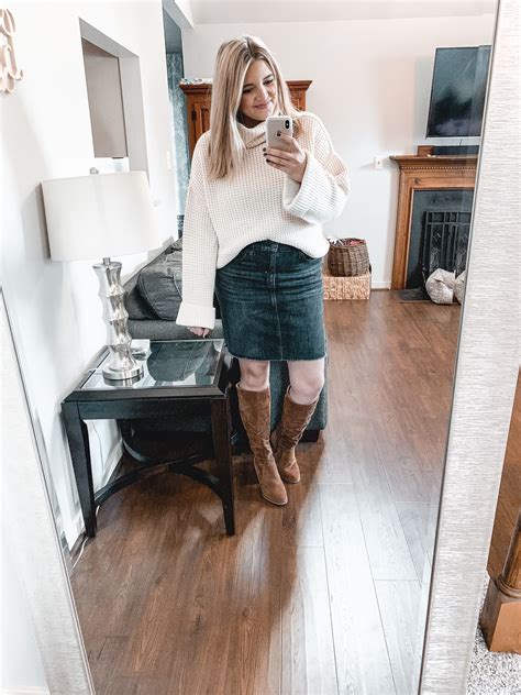 Three Ways To Wear A Denim Skirt For Fall By Lauren M Jeans Skirt Outfit Winter Jean Skirt