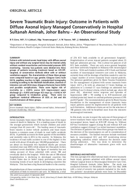 Pdf Severe Traumatic Brain Injury Liew Boon Seng