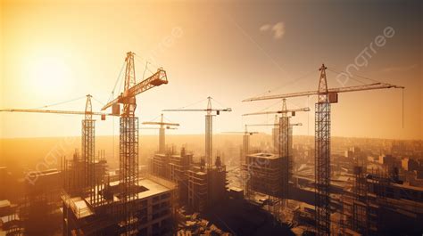 Shot Of Construction Cranes In The Sky Background 3d Illustration Of