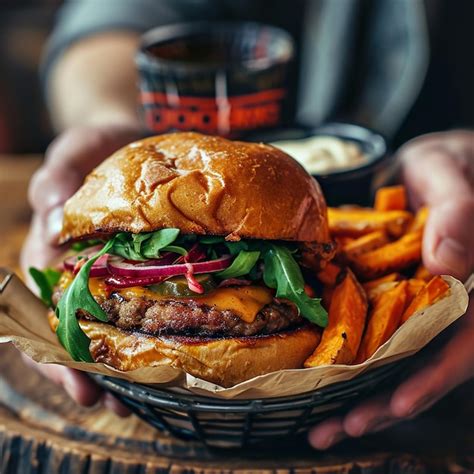 Premium Photo | Man holds burger with hands and sweet potato fries and dips on background in cafe