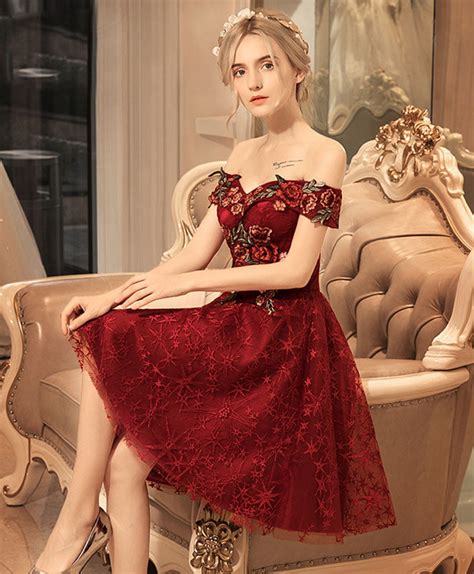 Burgundy Lace Off Shoulder Short Prom Dress Lace Burgundy Homecoming