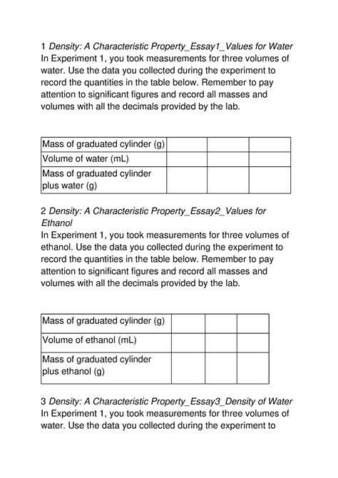 Worksheet Density A Characteristic Property Density A