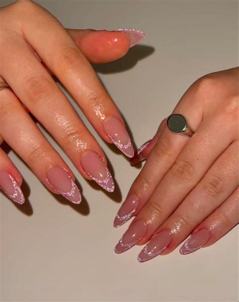 Short Stiletto Nails Nude Glitter Base With A Glitter French Outline Artofit