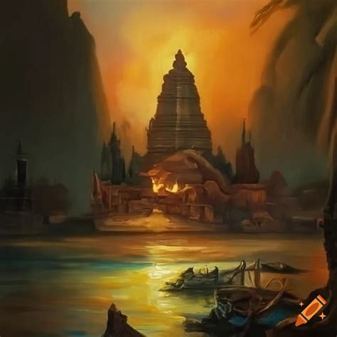 Oil Painting Of A Mysterious Island With An Ancient Temple On Craiyon