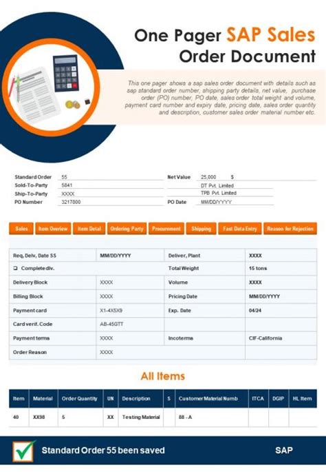 One Pager Sap Sales Order Document Presentation Report Infographic Ppt