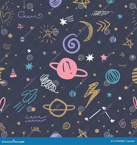 Vector Cute Cartoon Space Galaxy Pattern. Nursery Wallpaper, Background ...