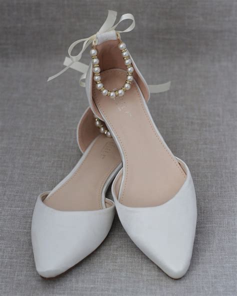 Ivory Satin Pointy Toe Flats With Pearls Ankle Strap Ivory Etsy