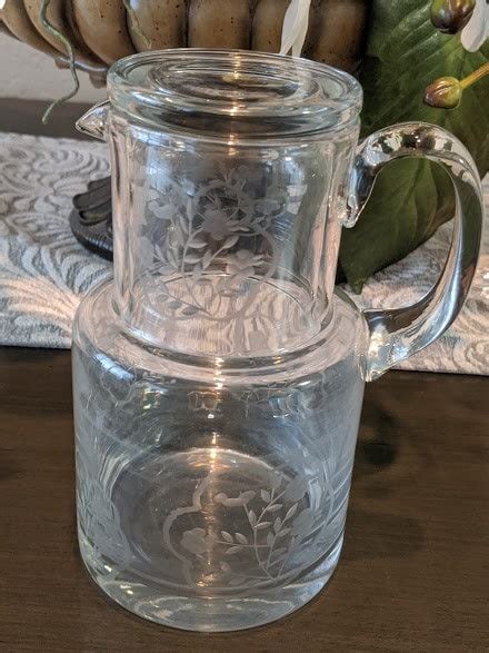 Vintage Bedside Carafe And Cup Etched Glass Clear Carafe Set Flower Etched Glass Bedside