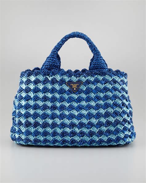 Lyst Prada Bicolor Crocheted Raffia Medium Tote Bag In Blue