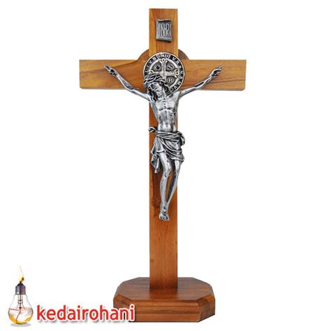 Jual Salib Duduk Meja Kayu Jati Medali Benedictus Corpus Yesus Silver