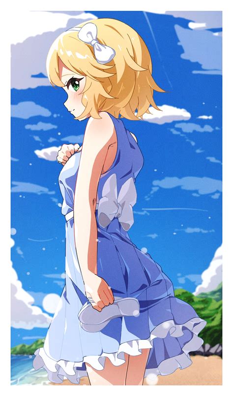 Safebooru Girl Beach Blonde Hair Blue Dress Blue Sky Blush Bow