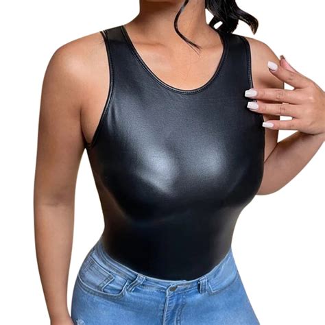 Fashion Tank Tops Hancoe Leather Corset Top Leather Halter Top Womens Glitter Strappy Tank Tops