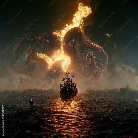 Kraken On Fire Scary Giant Squid Octopus With Dark Eyes Sea Giant