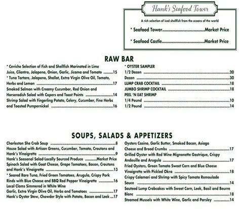 Menu at Hank's Seafood pub & bar, Charleston