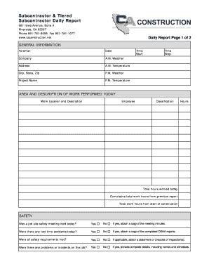 Subcontractor Daily Report Template Fill Online Printable Fillable