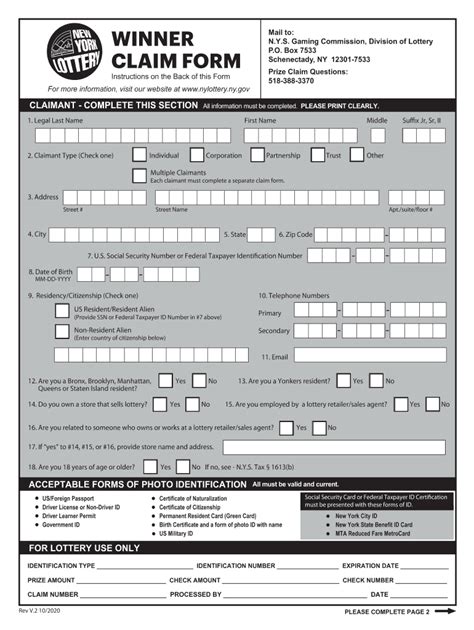 2020 2024 NY Lottery Winner Claim Form Fill Online Printable Fillable