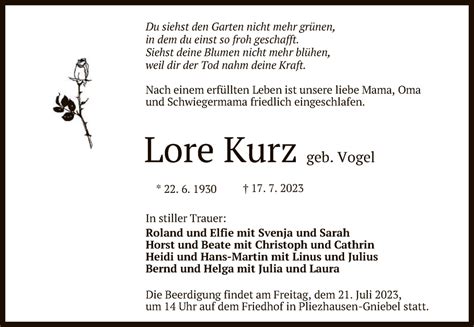 Traueranzeigen Von Lore Kurz Trauer Gea De