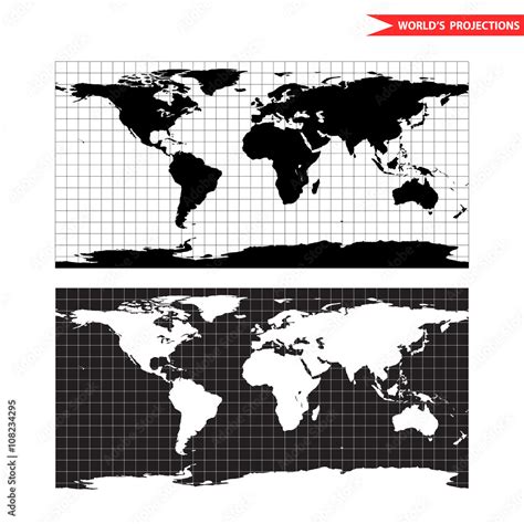 Equirectangular World Map Projection Black And White World Map Vector