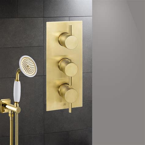 Gold Shower Valve Brushed Brass 2 Outlet Shower Valve Tapron Uk