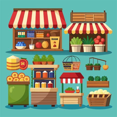 cartoon market stalls  fruits vegetables   products