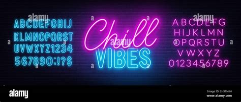 Chill Vibes Neon Lettering On Brick Wall Background Pink And Blue Neon Alphabets Stock Vector