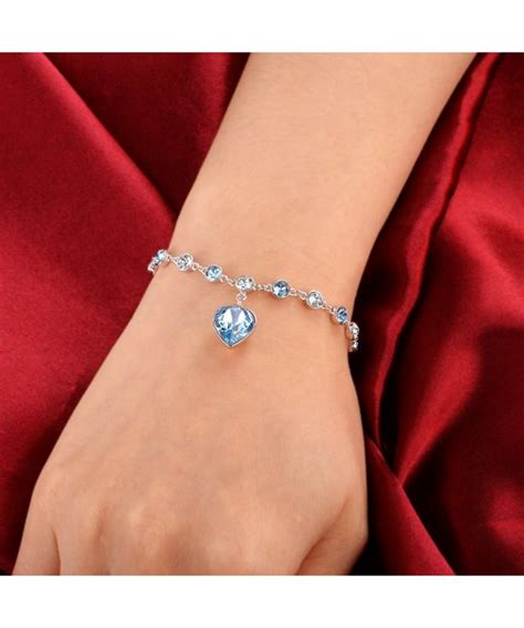 925 Sterling Silver Love Heart Tennis Bracelet Aquamarine Color Made With Swarovski Crystals