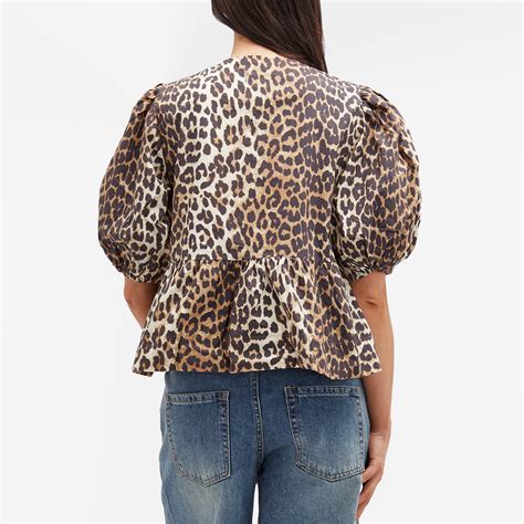 Ganni Printed Cotton Poplin Peplum Blouse Leopard End