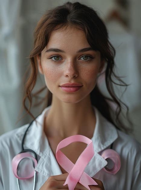 A Woman With A Pink Ribbon Around Her Neck Premium Ai Generated Image