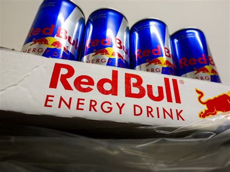 Red Bull Energy Drink Cans In A Tray On A Shelf Editorial Photo Image