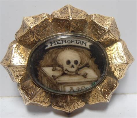 ANTIQUE MEMENTO MORI MOURNING BROOCH SKULL BONES SEPIA MINIATURE