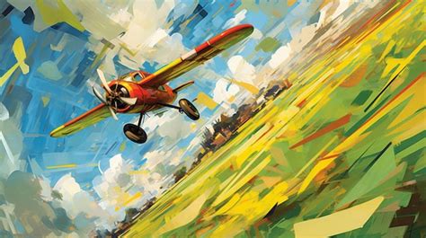 Premium AI Image | a painting of a plane flying over a field of grass.