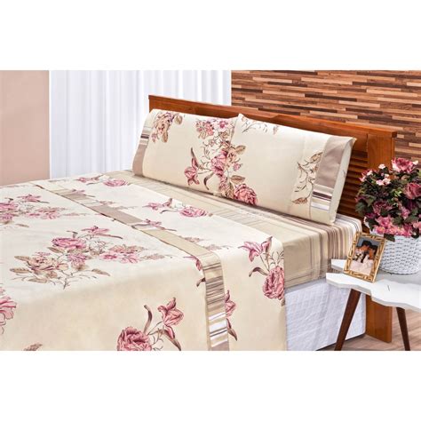 Jogo de Cama 180 Fios Percal Estampado Requinte Queen 04 Peças Floral