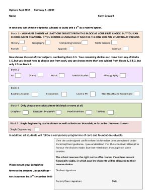 Fillable Online Sprowstonhigh Options Sept 2016 Pathway A GCSE Name