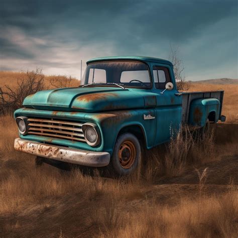 Premium AI Image | An old blue truck is parked in a field with the word ...