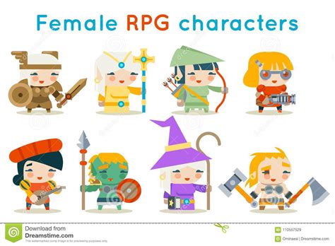 Cute Female Rpg Characters Fantasy Game Isolated Icons Set Flat Design Vector Illustration Stock