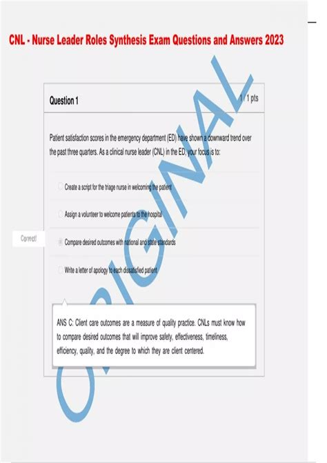 Cnl Nurse Leader Roles Synthesis Exam Questions And Answers 2023