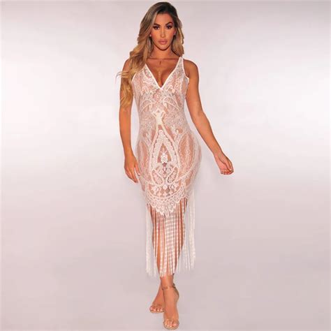 Women Sexy Lace Dress Summer See Through Cover Ups Sleeveless Deep V