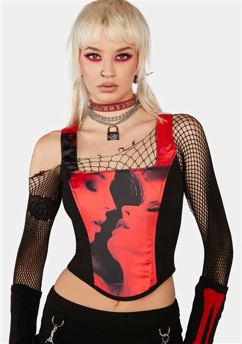 Current Mood Kissing Lovers Graphic Crop Corset Red Black Dolls Kill