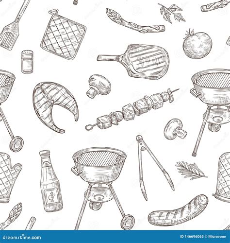 Barbecue Seamless Pattern Sketch Barbeque Chicken Grill Vegetables