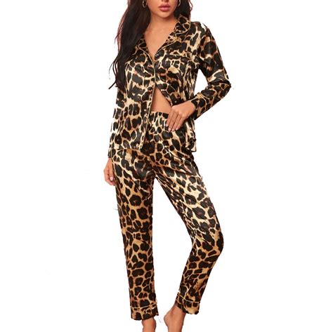 Womens Silk Satin Pajamas Two Piece Leopard Print Long Sleeve Button