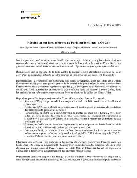 Résolution sur la conférence de Paris sur le climat COP 21