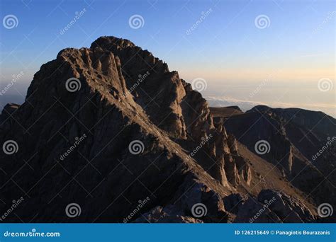 Mytikas The Highest Peak Of Mountain Olympus Greece In Sunrise Stock